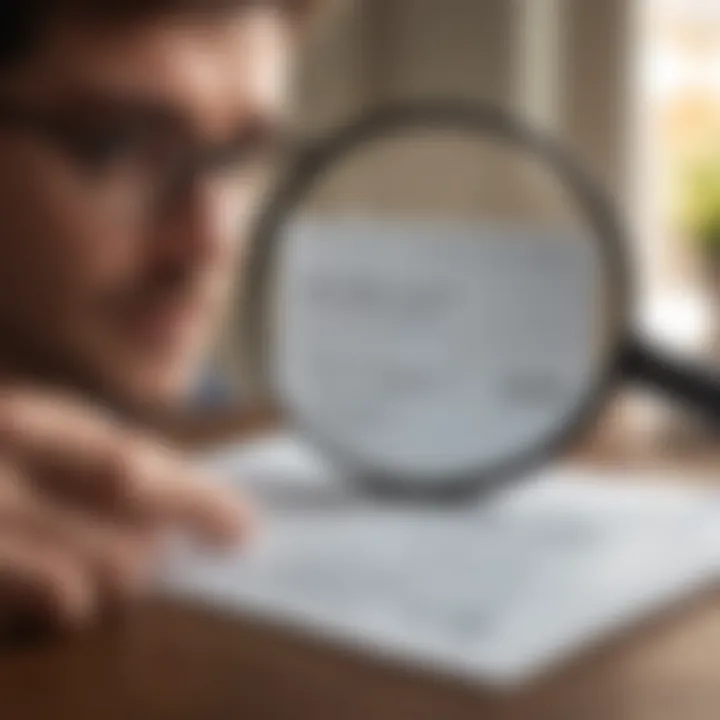 A person analyzing their credit report with a magnifying glass