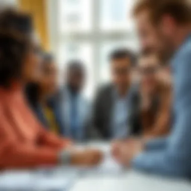 A diverse group of individuals discussing legal matters with a notary present