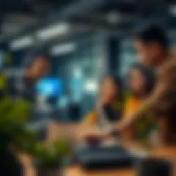 A diverse group of professionals collaborating on a tech project