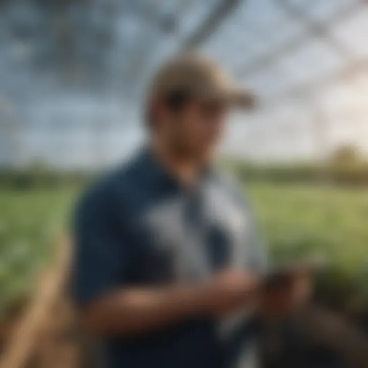 A farmer evaluating sustainable practices in a greenhouse