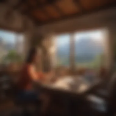 Remote Collaboration with a Travel Flair A digital nomad engaging in a video call while surrounded by travel-related decor.