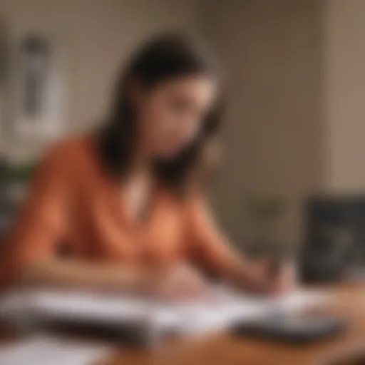 A mother reviewing student loan documents with a calculator